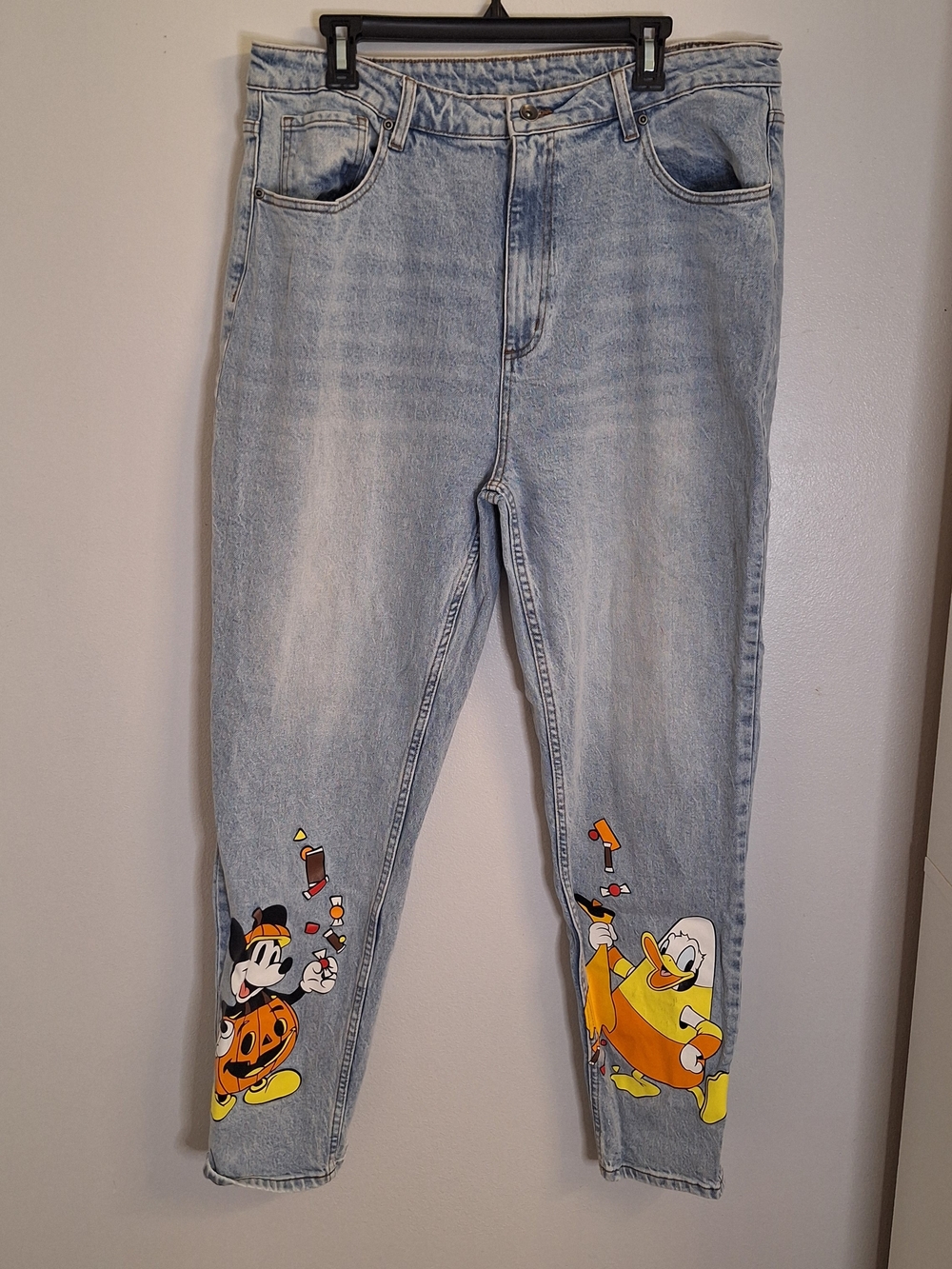Disney Light Blue Boyfriend Jeans with Halloween MICKEY Donald Cartoon Prints
